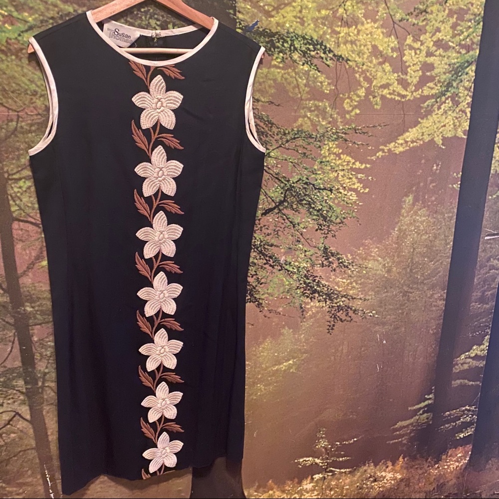 Vintage Navy Linen Midi Floral Embroidered Dress